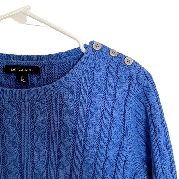 Lands' End blue buttons long sleeved knit crewneck warm sweater cotton top - Picture 2 of 5